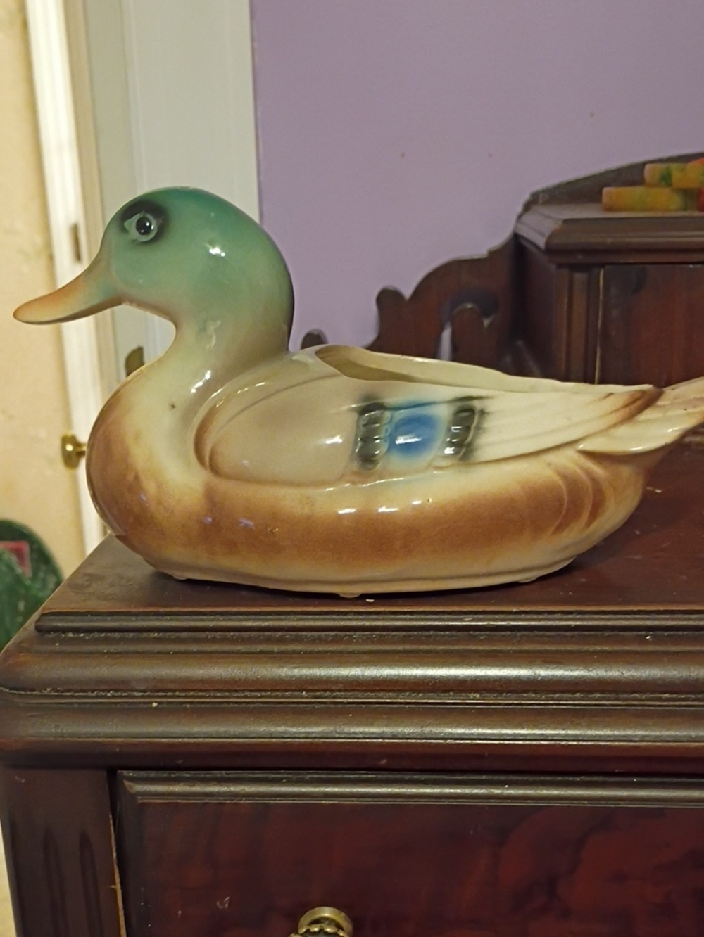 Vintage Ceramic Duck Planter in Green and Brown - Unbranded